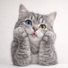 Cute Cat with Different Colored odd Eyes Thinking pose on White Background