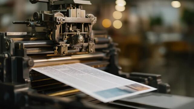 A vintage printing press stamping fresh ink onto paper sheets, gears turning rhythmically as rollers transfer bold typography &mdash; traditional printmaking craft, analog publishing history, and