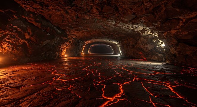 Subterranean Cavern with Glowing Magma Floor and Futuristic Archway