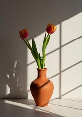 Vibrant tulips in terracotta vase with sunlight and shadow floral arrangement