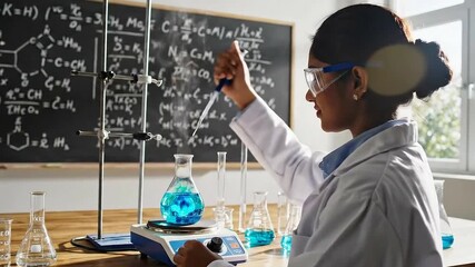 Young Scientist Conducting Experiment with Blue Liquid in Laboratory Setting with Blackboard Background and Wooden Table Wearing White Coat and - Powered by Adobe