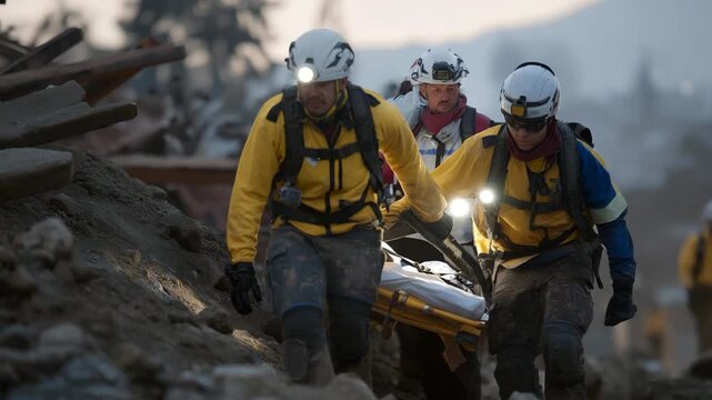 A rescue team maneuvering a stretcher through collapsed debris, coordinating each step with hand signals as flashlights illuminate shifting rubble &mdash; emergency response, tactical navigation, and