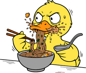 Cartoon duck enjoying delicious noodles whimsical kitchen scene kids illustration fun and vibrant environment playful view celebrating life and food