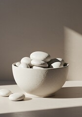 White stones in ceramic bowl on a table under soft sunlight copy space