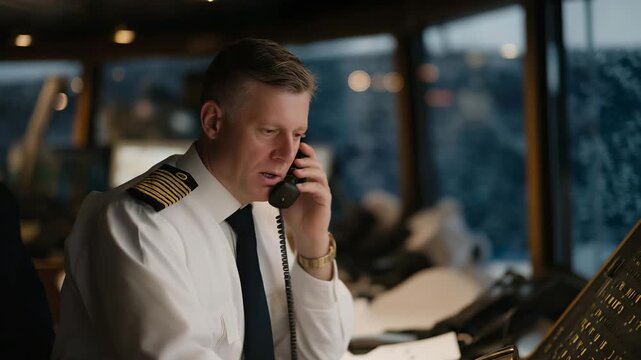 A ship&rsquo;s officer sending flashing Morse code from a bridge beacon toward another vessel across dark open water, waves reflecting the rhythmic pulses &mdash; maritime communication, emergency readiness,