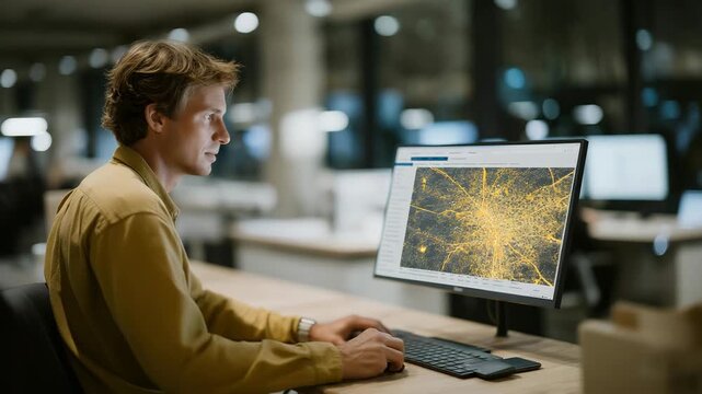 A smart city planner reviewing a heatmap of urban energy consumption, bright clusters showing peak demand zones while cooler areas highlight efficiency success &mdash; sustainability analytics, grid