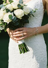 Woman holding white roses bouquet in wedding dress close up