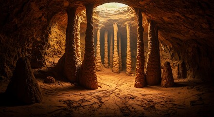 Mysterious Underground Cavern with Natural Stone Pillars and Dramatic Sunlight