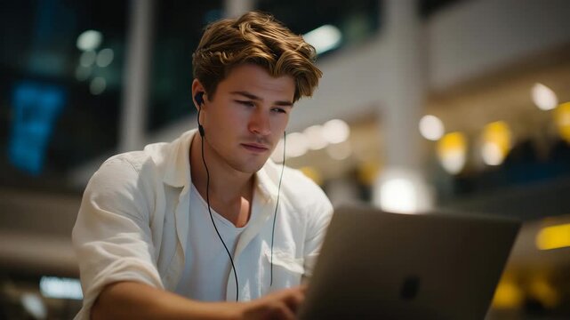 A startup founder coding in a noisy airport terminal during a flight delay, headphones on and travel charger blinking as productivity persists on the go &mdash; nomadic entrepreneurship, remote-first