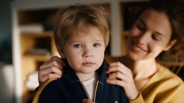 A toddler attempting to zip their own jacket at daycare drop-off, determined expression mirrored by a patient caregiver crouching beside them &mdash; independence building, early childhood milestones,