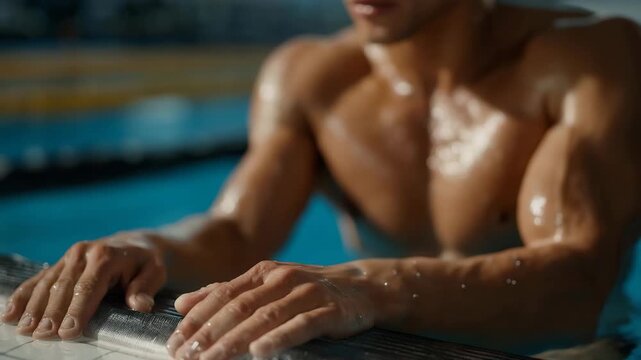 A swimmer tapping the pool&rsquo;s edge twice to signal the coach before starting their timed sprint, droplets scattering from their fingertips &mdash; athletic training routines, aquatic discipline, and