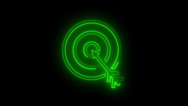 Glowing neon target icon animation. Abstract Arrow hitting the center of target - success business concept. business goals achievement, target icon. Military training ,Military target icon animation.