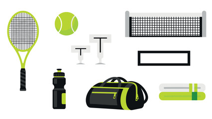 Tennis equipment collection with racket, ball, and water bottle in modern style