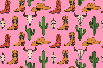 Western Cowboy Boots Hats Cactus Pattern on Pink Background for Design