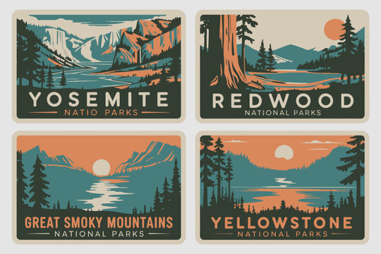 National Park Badges Yosemite, Redwood, Great Smoky Mountains, Yellowstone