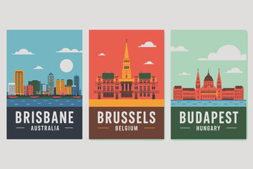 Fototapeta premium Colorful City Skyline Travel Posters Brisbane Brussels Budapest