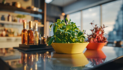 plante verte aromatique en pot jaune sur un comptoir, basilic frais