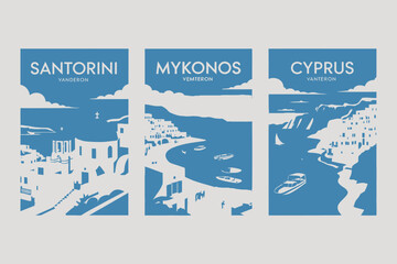 Greek Islands Travel Posters Santorini Mykonos Cyprus Vacation Destination Illustrations