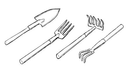 Set of garden tools shovel fork rake and hand cultivator in black and white outline drawing isolated on white background © gleolite
