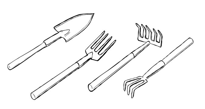 Set of garden tools shovel fork rake and hand cultivator in black and white outline drawing isolated on white background