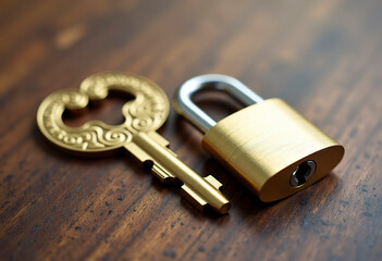 The key and lock are in close-up on a brown wooden table, top view.