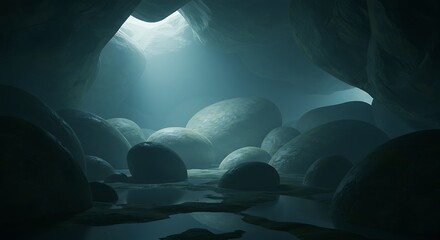 Mysterious Subterranean Grotto with Glowing Light Beam Penetrating Dark Water