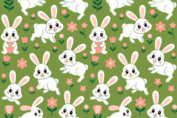 Fototapeta premium Adorable White Rabbits in Pink Floral Pattern on Green Background Fabric Design