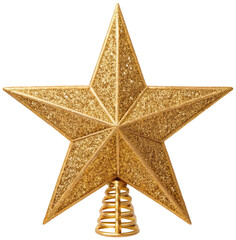Fototapeta premium A shimmering, textured, golden glitter star ornament, crafted from a sturdy, layered cardboard base with a conical stand, prominently displayed against a, isolated on transparent background.