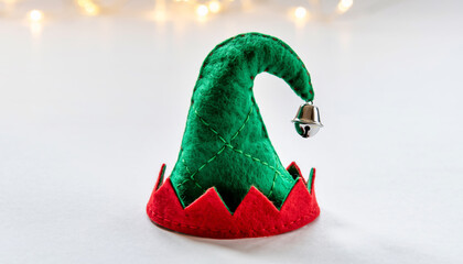 Green and red elf hat with a silver bell decoration on a light background in a festive setting
