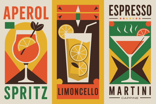 Colorful Cocktail Posters Aperol Spritz, Limoncello, Espresso Martini Drinks