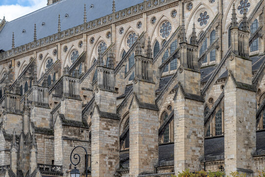 Bourges, France - 10 25 2025: Detail view of the exterior of the Saint Stephen's Cathedral building of Bourges