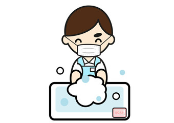 マスクをして手を洗う介護士の男性