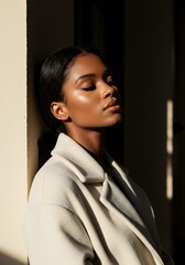 Woman with eyes closed illuminated by warm sunlight indoors portrait