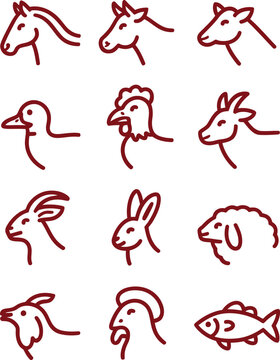 Red line vector icon set of farm and domestic animals including cow, horse, goat, fish, and poultry for agriculture and design use.