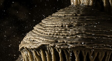 Macro View of Water Dripping on Cave Formation Stalactite Mineral Deposit
