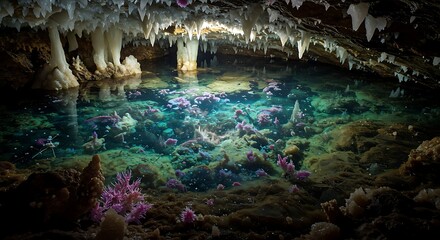 Subterranean Crystal Clear Pool Inside Dark Limestone Cave Grotto
