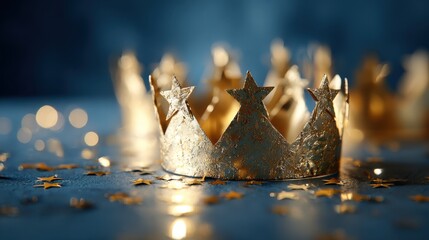 Golden crowns and festive stars symbolizing the Epiphany Three Kings celebration on a vibrant blue background with elegant holiday elements