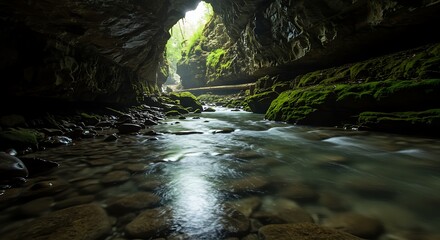 Mysterious Cave Entrance with Rushing Water Stream and Lush Green Moss