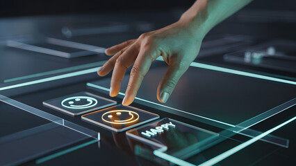 Hand touching glowing happy smiley face button on futuristic glass interface, customer satisfaction feedback rating concept, 3d render, neon blue cyber technology background, user experience, service.