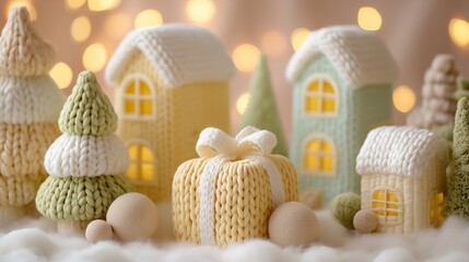Pastel knitted cottages and trees in a glowing winter scene, offering a warm, enchanting aesthetic for Christmas and winter-themed visuals.