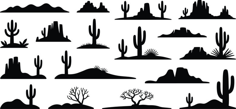 Desert landscape silhouette collection cactus mountains wild west nature vector illustration isolated on white background arid scenery design
