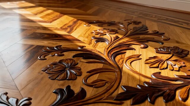 Medium shot of a richly detailed wooden floor inlay featuring flowing organic motifs illuminated to reveal depth and variety in wood color and texture.