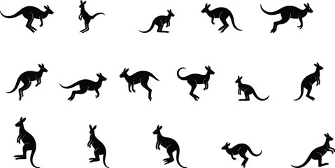 Fototapeta premium Kangaroo silhouette collection jumping marsupial poses Australian wildlife animal vector illustration isolated on white background nature design