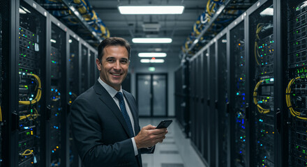 Fototapeta premium Happy mature man engineer wearing suit using mobile cell phone at data center work. Middle aged manager holding smartphone looking at camera standing in server room security warehouse.