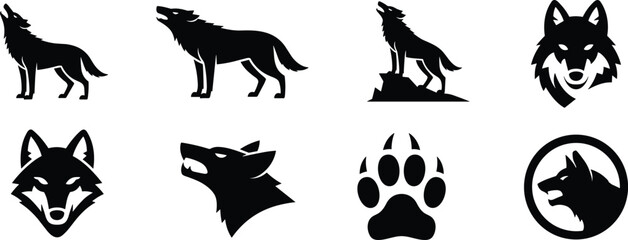 Obraz premium Wolf silhouette logo and icon set howling wild canine symbols black vector illustration isolated on white background design