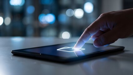 Futuristic technology interface with hand interacting with a digital screen