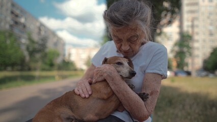 Animal theme is a lonely old woman best friend. Caucasian 90 years old senior female is happy to spend time with her pet small dachshund dog, holding her in her arms, hugging hugs and kisses outdoor.