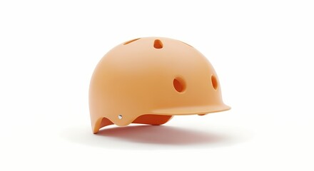Fototapeta premium A peach-colored helmet with ventilation holes is displayed on a white surface, viewed from the side.