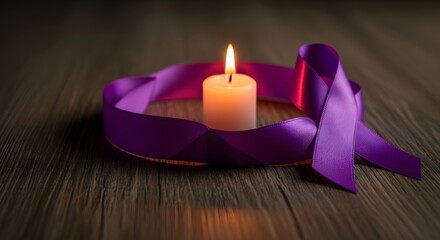 Purple ribbon and lit candle on wooden surface for awareness or memorial