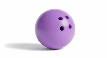 A close-up of a purple bowling ball with holes on a white surface